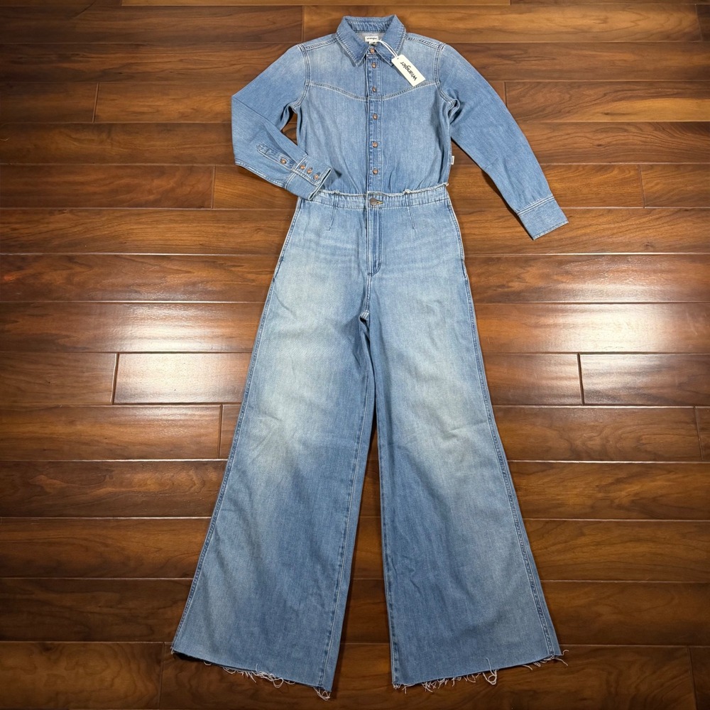 Wrangler Women's Size Small Open Back Wide Leg Denim Coveralls Jumpsuit Overalls